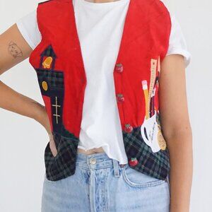VTG Eagle’s Eye Red Corduroy Patchwork Schoolhouse Art Teacher Novelty Vest S